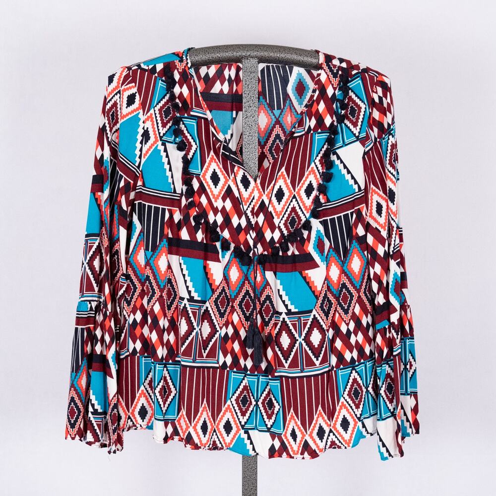 Crown Ivy Women's Large Top Southwest Western Aztec w/ Tassles & Pom-Pom Fringe